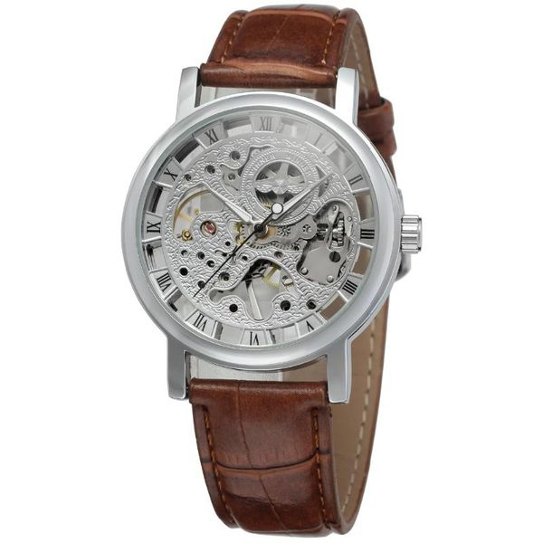 wristwatches 2021 trending t-winner skeleton leather strap mechanical watch for man hand wind men dress wristwatch, Slivery;brown